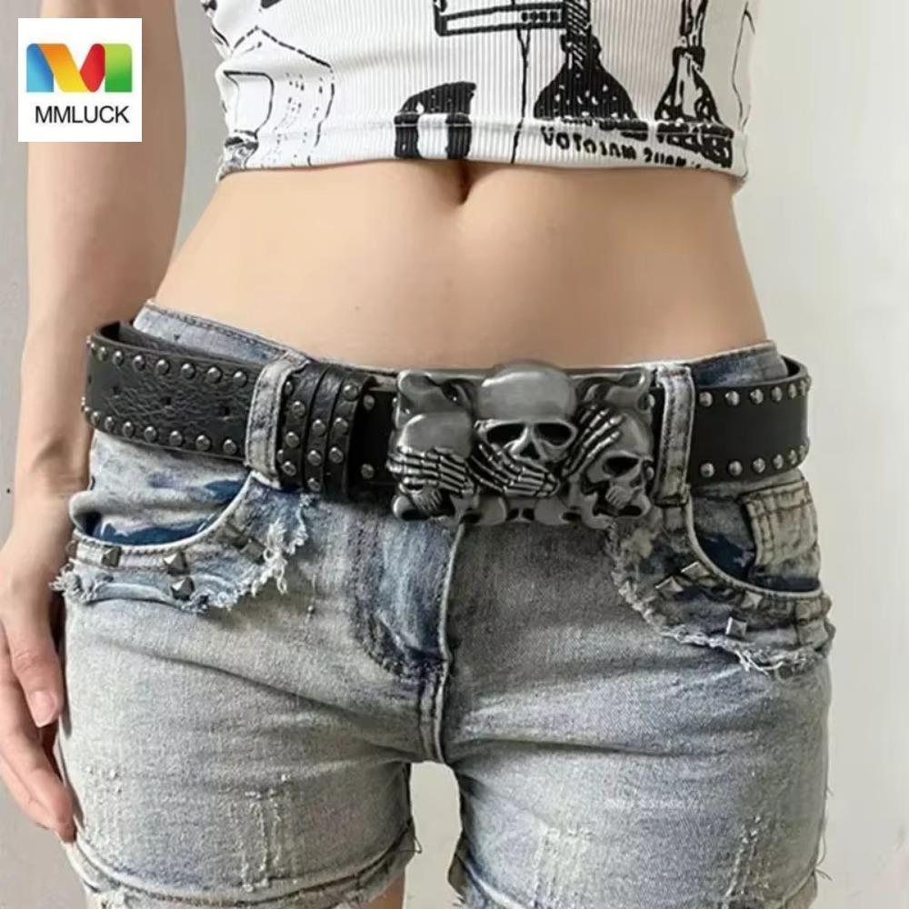 MMLUCK Skull Wide Thắt Lưng, Hip-hop Cool Black Rivet Belt, Dây Đeo Khóa Y2K Punk Hợp Kim Skeleton F