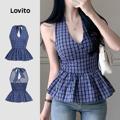 (Phong cách thường ngày) Lovito Áo Top Nữ Mùa Xuân/Hè Trễ Vai Màu Xanh Dương Phong Cách L178ED337