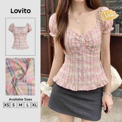 (New Arrival) Lovito Áo sơ mi nữ màu hồng phong cách xuân/hè series màu Morandi tay bèo nhún nút cài BLB201P1D075