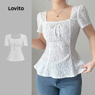 Áo thun Lovito jacquard xuyên thấu nhẹ cột dây phía trước màu trắng ngà thanh lịch mùa xuân/hè cho nữ L138ED075