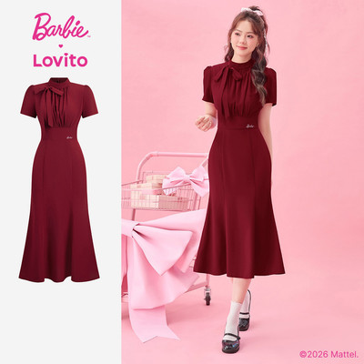 Barbie™ X Lovito thanh lịch Váy mùa Xuân/Hè kiểu dáng xòe lai nơ trước màu đỏ rượu cho nữ DRBL2PAD046