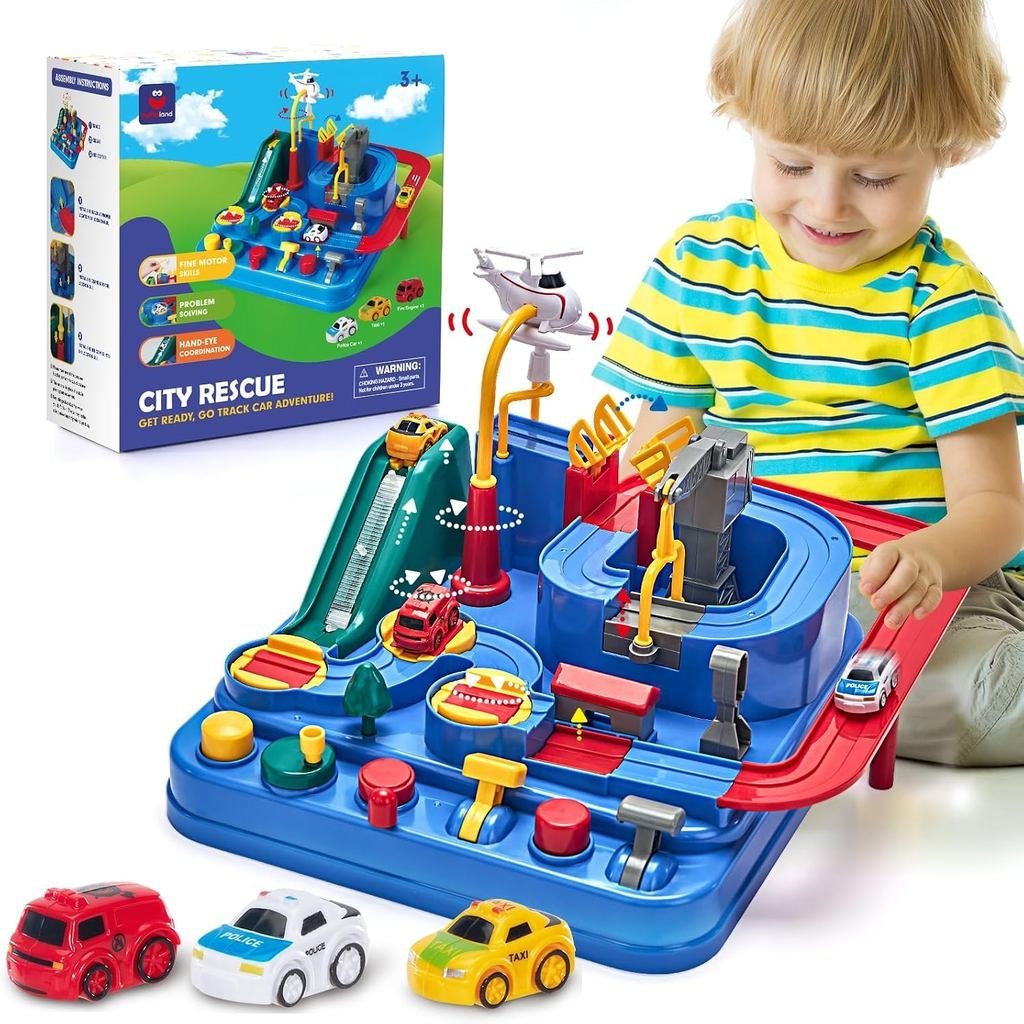 Hahaland 3 Year Old Boy Toys - Race Track Toys, Car Toy for Boys 3-4, Puzzle Track Rescue Racer Game