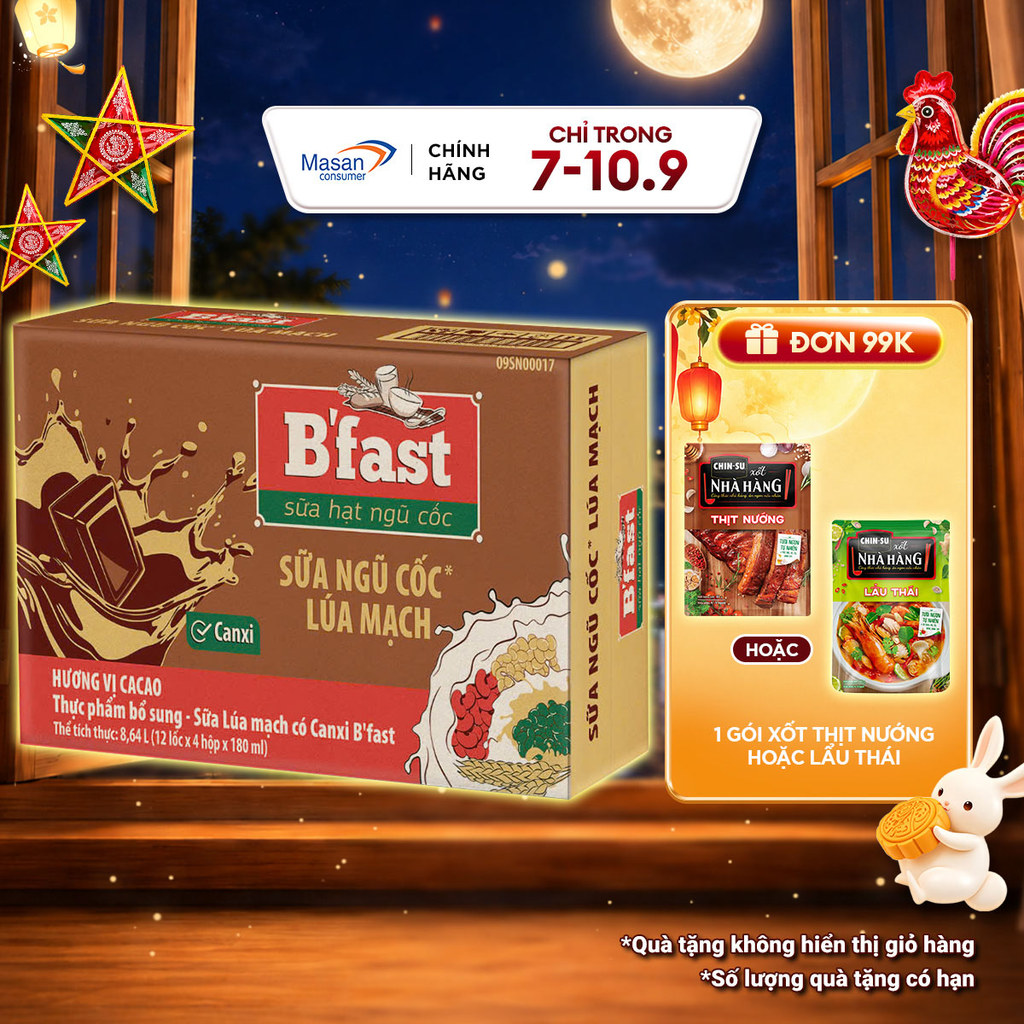Thùng Sữa lúa mạch B'fast vị Cacao bổ sung canxi 12bl x 4 hộp x 180ml