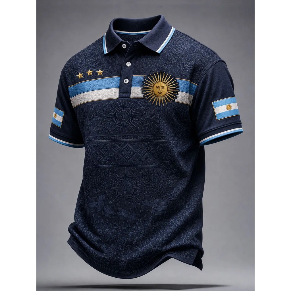 Argentina 3 Sao Sun of May Họa Tiết Hoa Dân Tộc Cờ Chi Tiết Đồ Họa Áo Sơ Mi Polo Nam Tay Ngắn, Xanh 