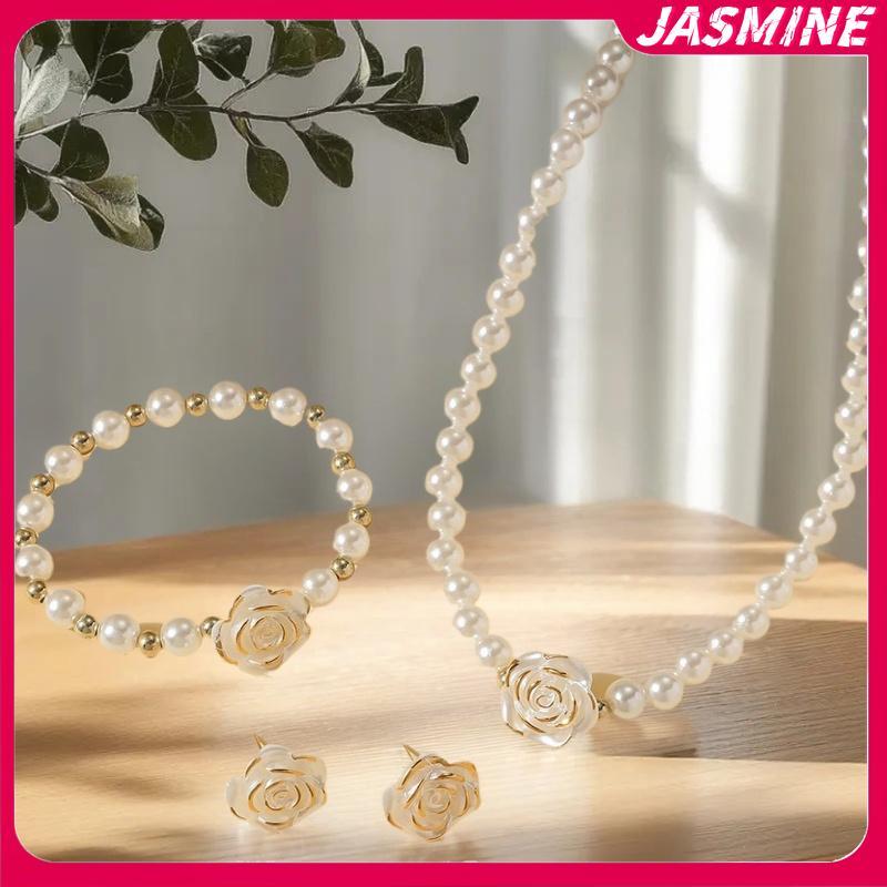 JASMINE 3 Chiếc Camellia Nữ Đảng Nelace Vòng Tay Và Bông Tai Bộ Trang Sức Cô Dâu Thanh Lịch Quà Tặng