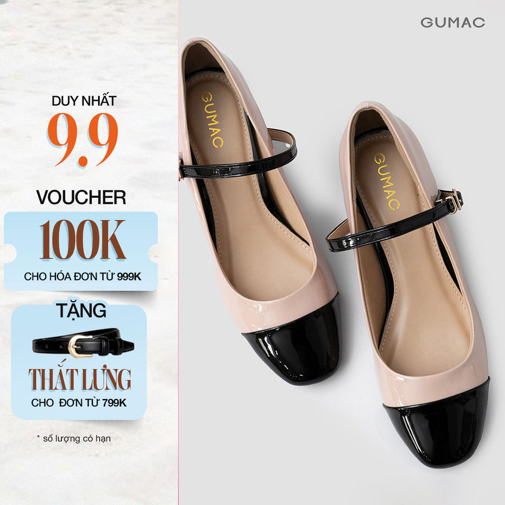 Giày Cao Gót Nữ GUMAC Giày Mary Jane 5 Phân Đế Vuông Phối Màu Mũi Tròn Quai Ngang Thanh Lịch GE01058