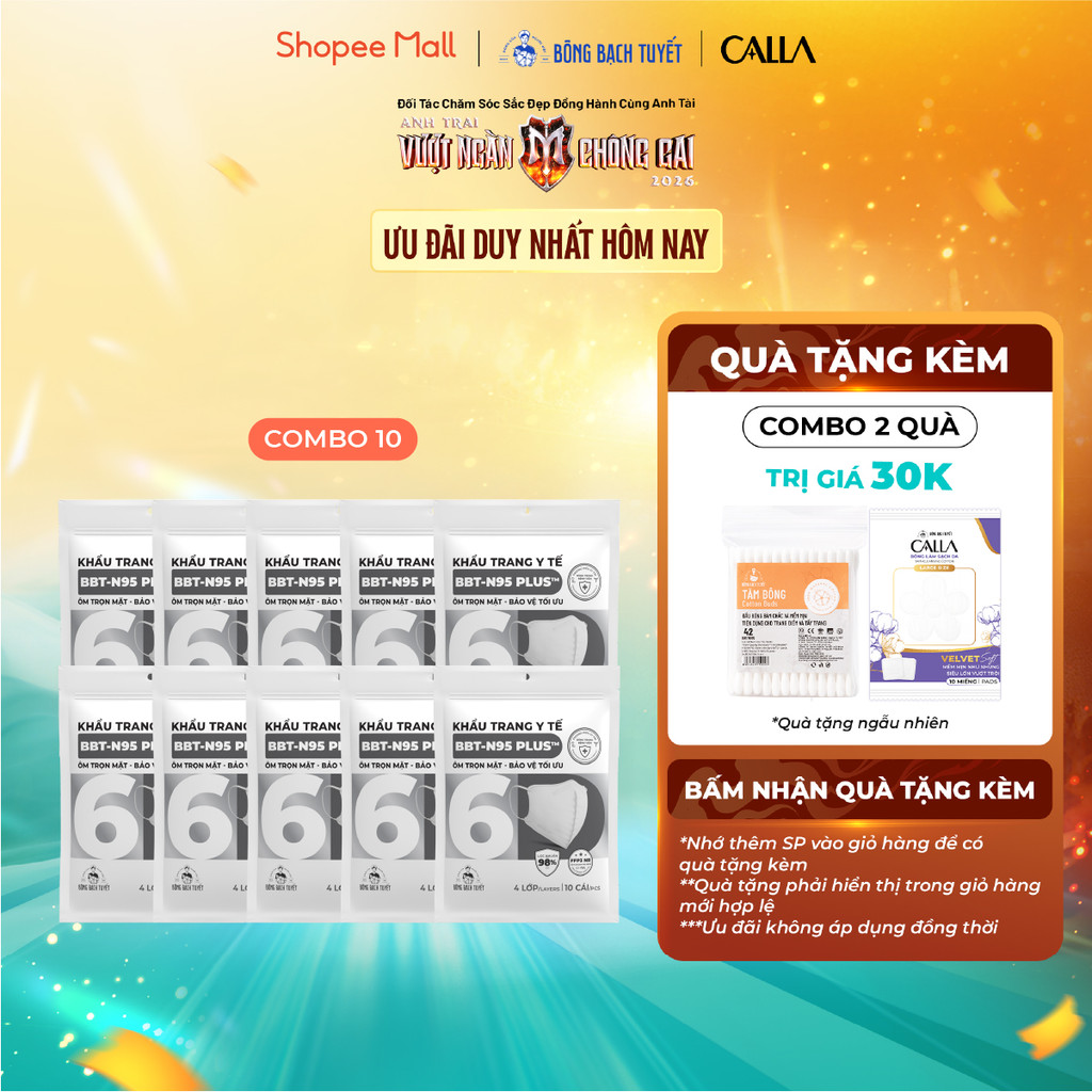 Combo 10 Gói Khẩu trang Bông Bạch Tuyết N95 Plus 4 lớp bảo vệ tối ưu (10…
