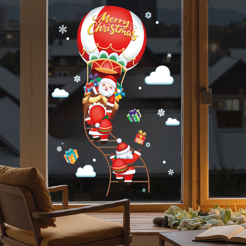 Decal Noel Bay Khinh Khí Cầu 56x79cm – Ông Già Noel Mang Quà Giáng Sinh, Hít Tĩnh Điện Dễ Dán