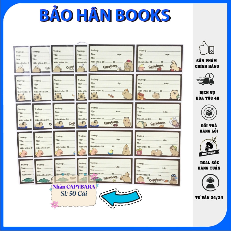 Combo 50 Nhãn Vở Tập Hoc Sinh, Nhãn vở hoạt hình cute CAPYBAR,LABUBU đẹp hottrent [BẢO HÂN BOOKS]