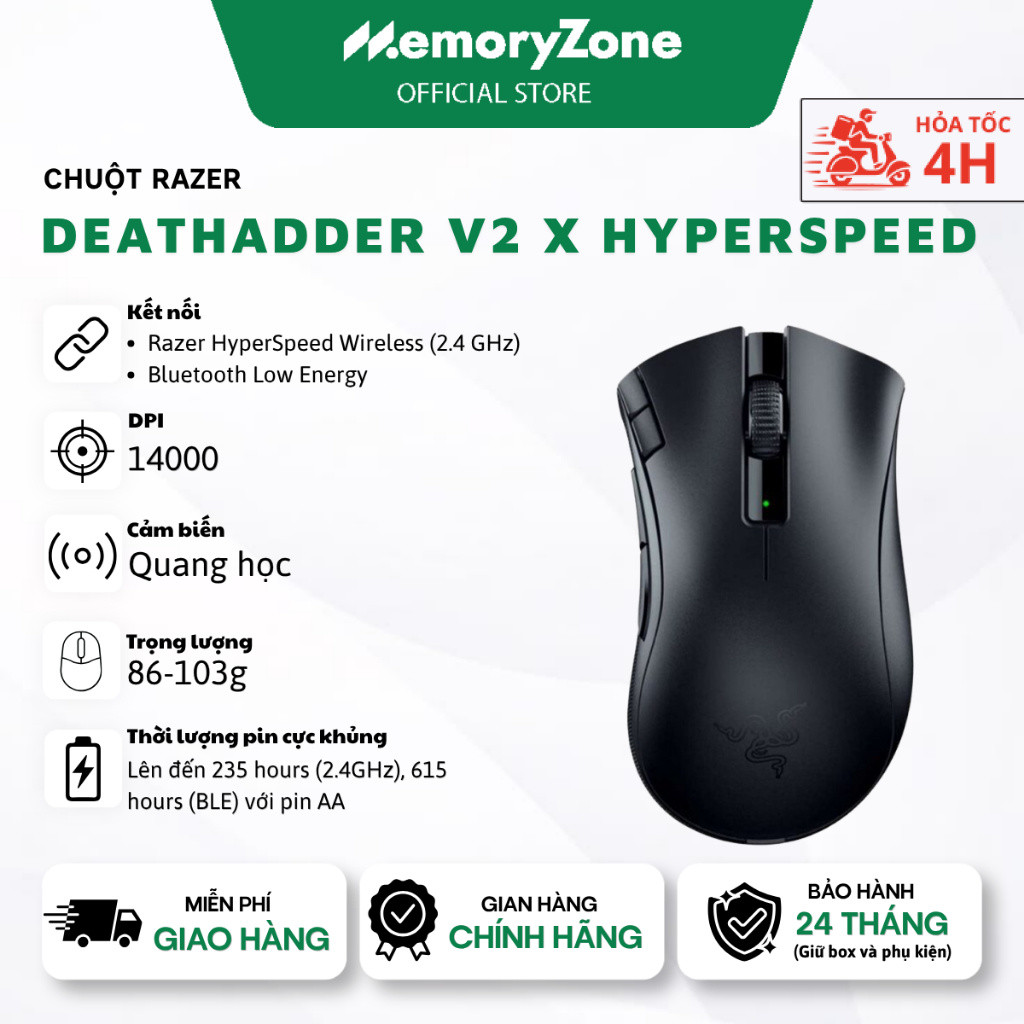 Chuột Gaming Razer DeathAdder V2 X HyperSpeed - Không dây, Cảm biến Quang Học, 14000 DPI, Nút bấm cơ học, Pin AA/AAA