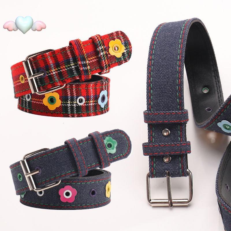 Y2K - Vải Thắt Lưng Denim Nữ Jean / Sọc Caro Đỏ Y2k Mặt Dây Chuyền Hoa Phiên Bản Màu Cá Tính