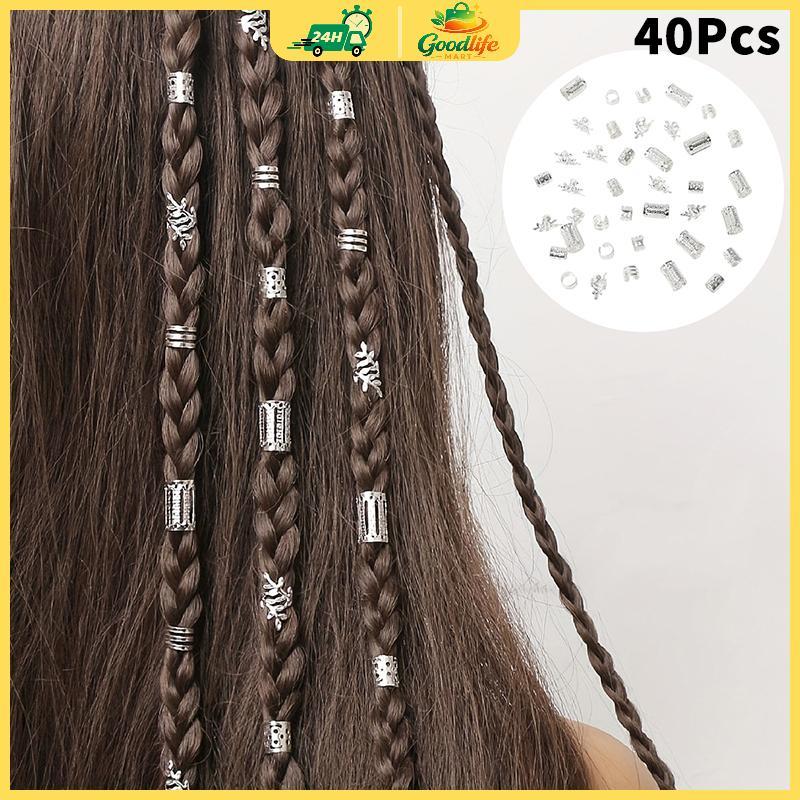 40pcs Vintage Vàng Bạc Hollow tóc Cuff Nhẫn braids tóc Phụ Kiện Set