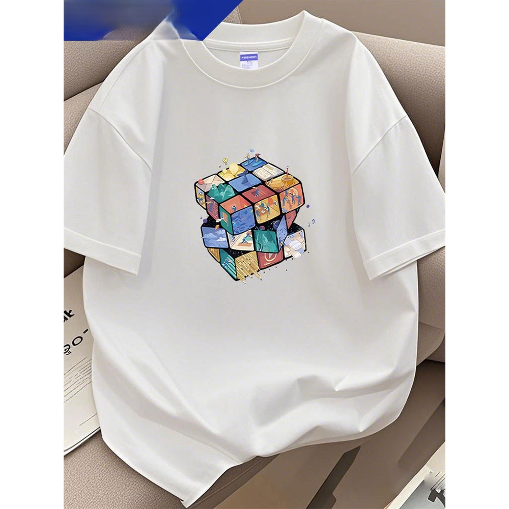 Áo thun nam tay lỡ HappyTee - Áo Unisex tay ngắn Họa Tiết Rubik Vũ Trụ Chất vải cotton 100% cao cấp
