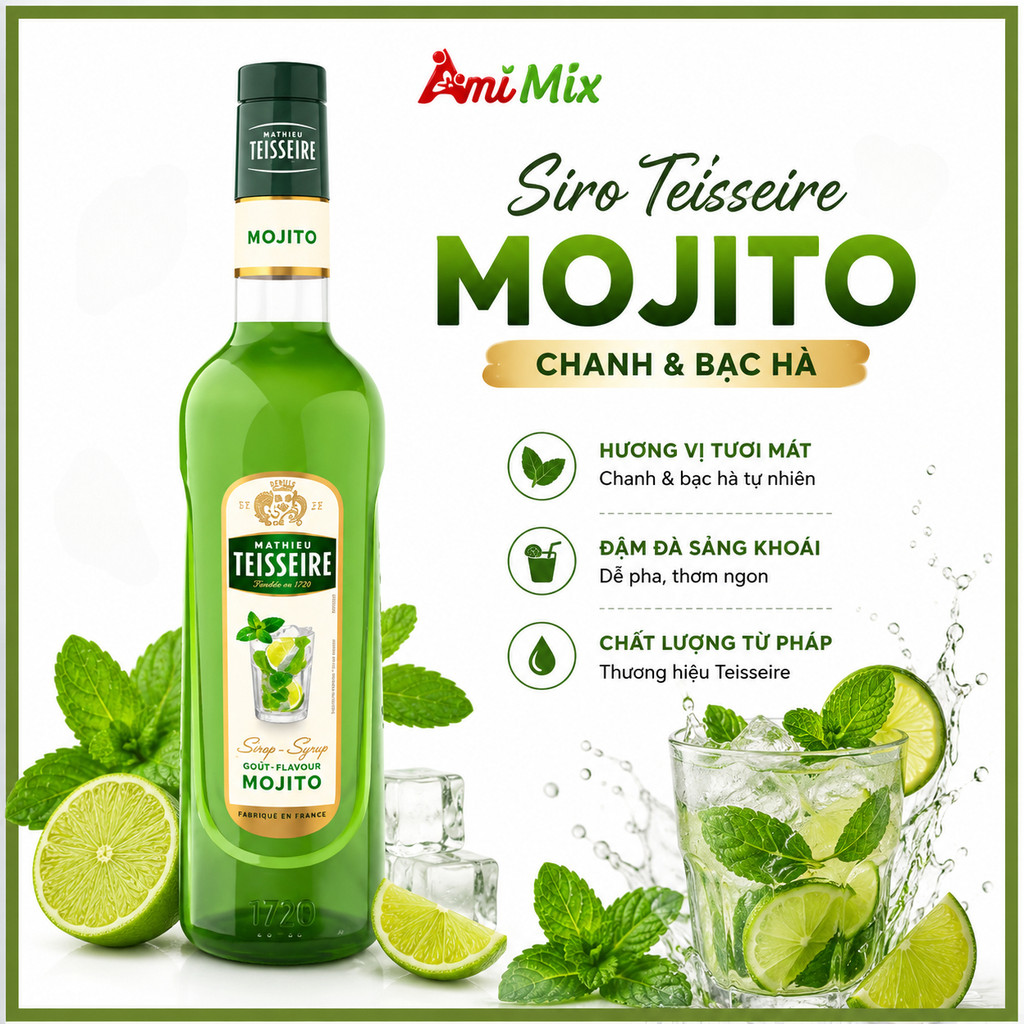 (GIẢM GIÁ) Teisseire Mojito Syrup 70cl - Siro Chanh Bạc Hà Chính Hãng (Date 16/09/2026)