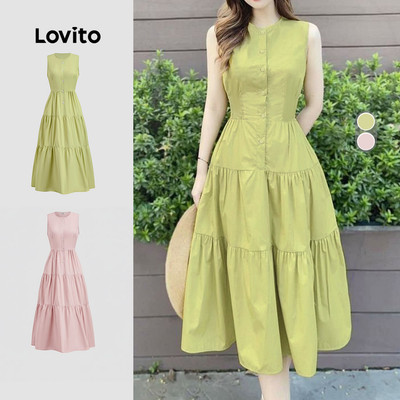 Lovito Đầm Thường Ngày Dáng Suông Cài Nút Màu Xanh Lá Cây Cho Nữ Thích Hợp Cho Mùa Xuân/hè L149ED1235