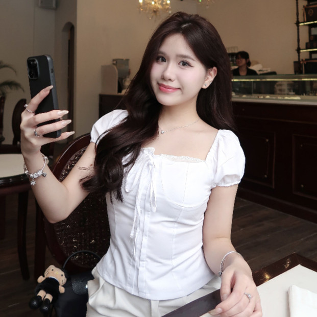 Áo babydoll nữ kiểu Linen tay phồng nơ ngực công chúa phong cách Ma380