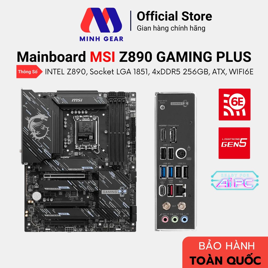 Mainboard MSI Z890 GAMING PLUS WIFI6E DDR5 Socket LGA 1851, Chip INTEL Z890 (Bảo Hành Chính Hãng)