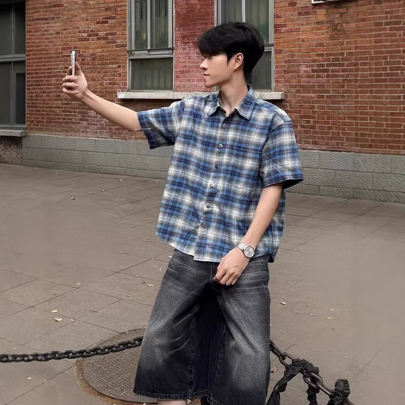 Vintage Mỹ Kẻ Sọc Xanh Áo Sơ Mi Tay Ngắn Nam Mùa Hè Cao Cấp Flannel Kẻ Sọc Áo Sơ Mi Áo Khoác