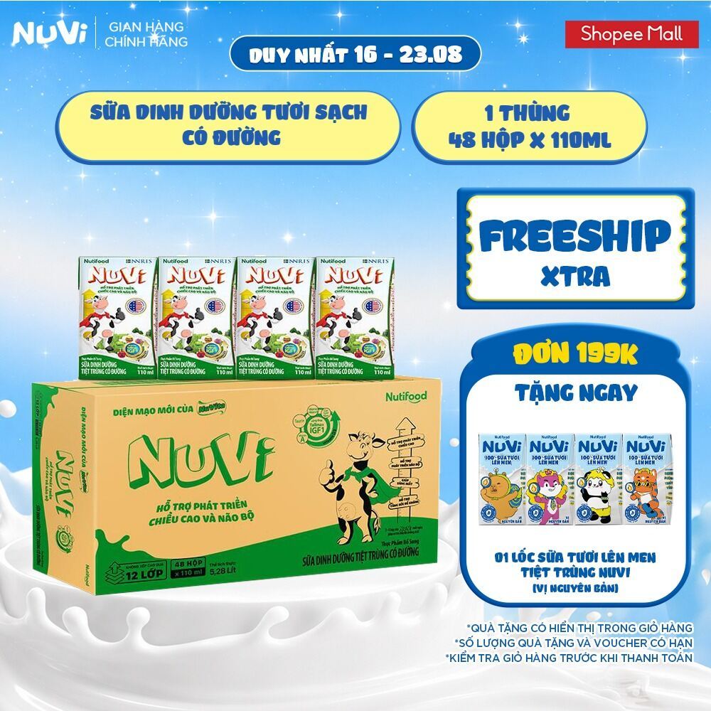 Thùng 48 Hộp Sữa Dinh Dưỡng Tươi Sạch NuVi Có Đường 110ml