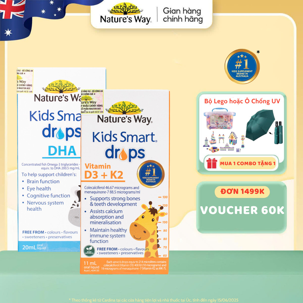 Combo Siro Uống Nature's Way Kids Smart Drops DHA Và D3K2, D3 Bổ Sung DHA, D3+K2, Hỗ Trợ Phát Triển 