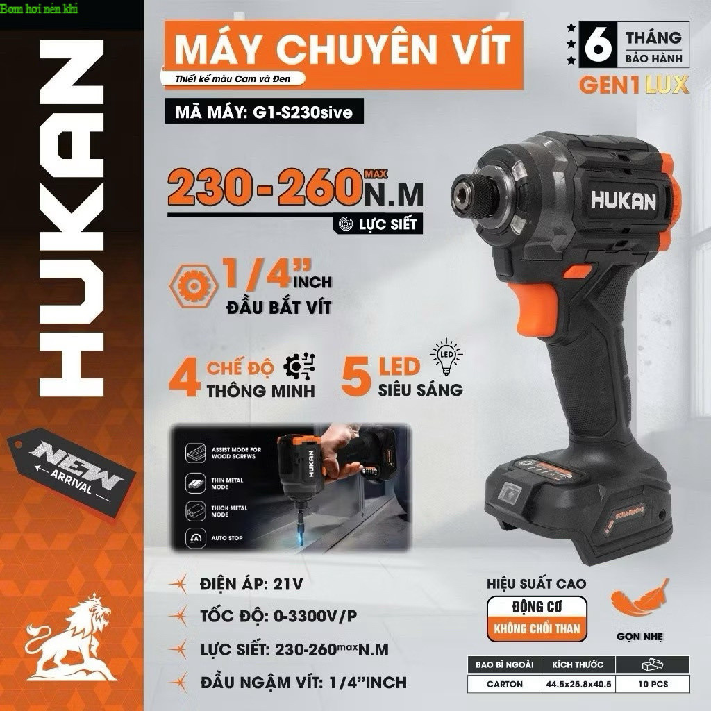 Thân Máy Chuyên Vít Búa Cải Tiến HUKAN G1-S230Sive, Lực Siết 230–260Nm Max, 4 Tốc Độ, Nén Khí HUKAN