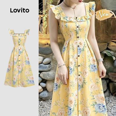 (New Arrival) Lovito Váy nữ dáng thường tay bèo cài nút khóa kéo màu vàng mùa xuân/hè DRBR37BR065