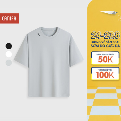 Áo phông nam CANIFA áo thun cotton dáng ôm có hình thêu ở cổ 8TS26C001