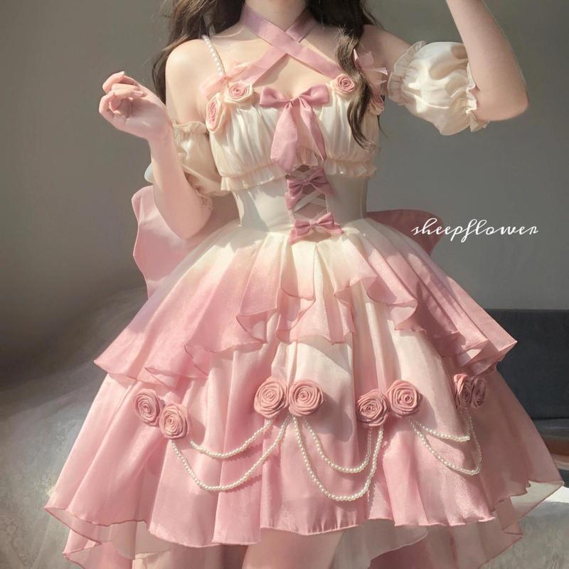 Eros Tie Dress Gothic Noble Princess Palace Style Sweet Dress Peach Gradient Hồng