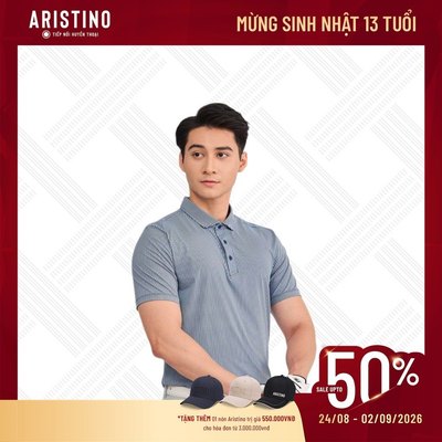 Áo polo ngắn tay ARISTINO dáng Golf fit khỏe khoắn họa tiết trắng kết hợp sọc xanh hiện đại APSG23S2