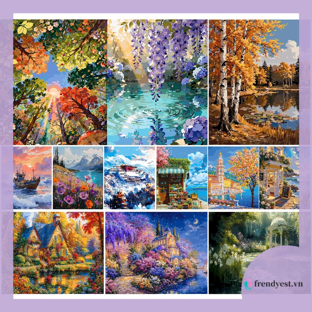 [frendyest.vn] Paint by Numbers Adults Landscape Frameless Canvas 16x20in Acrylic 3 Brushes DIY Kit