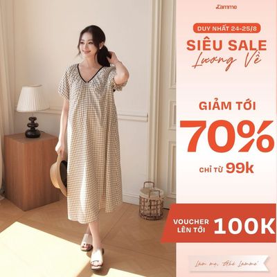 Váy Bầu DAMI DRESS L'amme - Chất Thô Kẻ Đen Trắng Mềm Mát, Dáng Suông Nhún Cổ V Che Dáng Tốt
