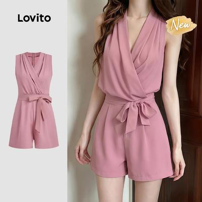 (New Arrival) Lovito Bộ liền nữ dáng thường nơ xếp ly mùa xuân/hè màu hồng JRK8P1D265