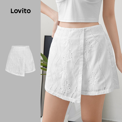 (Kỳ nghỉ) Lovito Quần short đục lỗ thêu bất đối xứng Xuân/Hè Màu trắng L143AD768