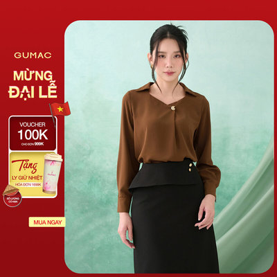 Áo Kiểu Nữ GUMAC Form Suông Tay Dài Măng Set Cổ Vuông Lá Cổ Sơ Mi Lụa Ý Mềm Tiểu Thư AF07028