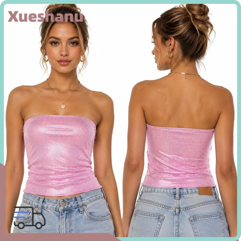Áo ống sequin XUESEE, Áo bình chứa sequin không tay hở lưng, Thời trang cổ điển cắt co giãn Skinny F