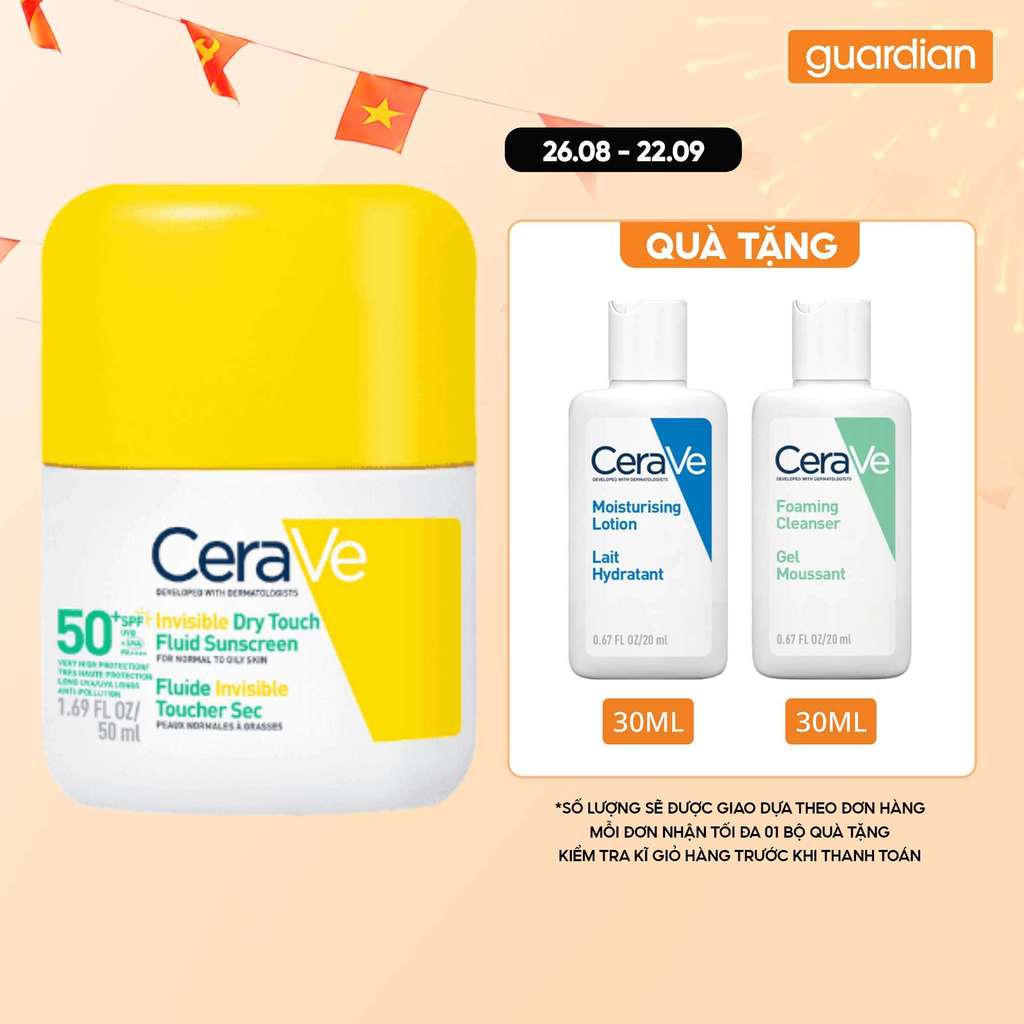 Sữa Chống Nắng Mỏng Nhẹ Cerave Invisible Dry Touch Fluid Sunscreen Spf 50+ Pa++++ 50ml | Guardian Vi
