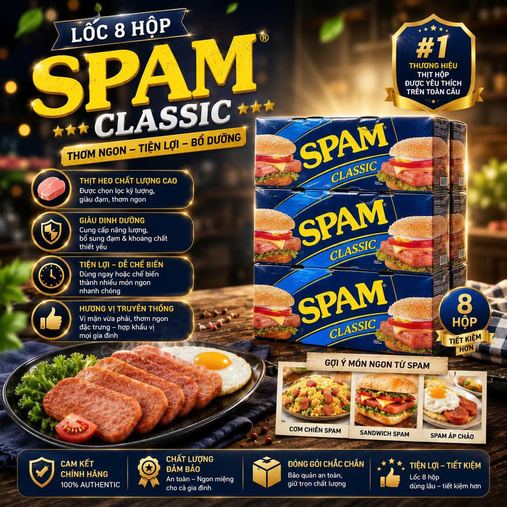 Lốc 8 hộp Thịt Hộp SPAM BÁNH MÌ CLASSIC Nhập Khẩu Mỹ 340g SPAM Classic – Món thịt hộp tiện lợi chuẩn