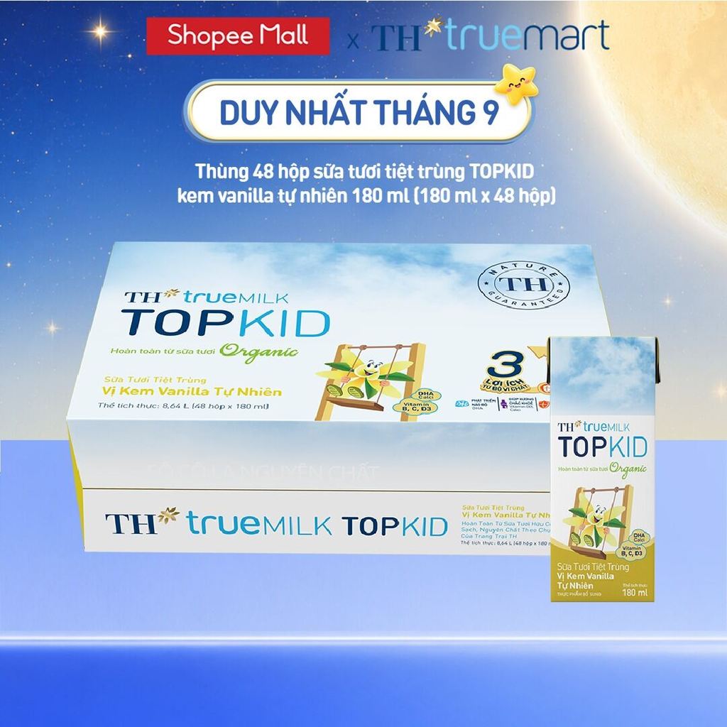 Thùng 48 hộp sữa tươi tiệt trùng TH true MILK TOPKID Organic vị kem vanilla tự nhiên 180ml (180ml x4