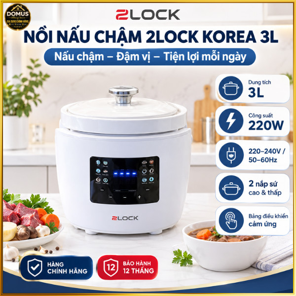 Nồi Nấu Chậm 2LOCK Korea 3L 220W 2 Nắp Sứ Cảm Ứng Chính Hãng Bảo Hành 12 Tháng