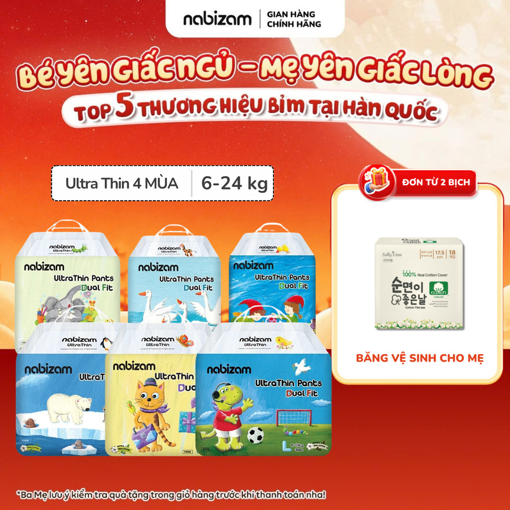 [LIVE KOL] Tã/Bỉm Quần NABIZAM ULTRA THIN 4 Mùa Mỏng Mềm, Thấm Hút Nhanh Size M32/L30/XL26/2XL22/3XL