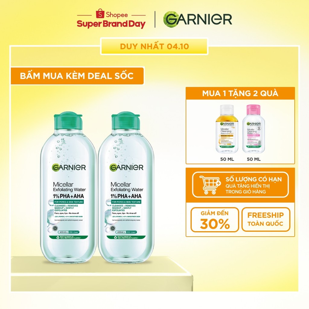 Bộ 2 nước Tẩy Trang sạch sâu & làm sạch tế bào da chết - Garnier Micellar Exfolliating Water 400mlX2