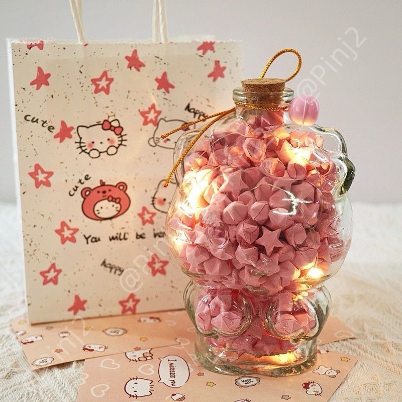 cute cat DIY Star Origami Ngôi Sao May Mắn Gấp Origami Kitty Cat Wishing Chai Có Túi Quà Tặng Ngày L