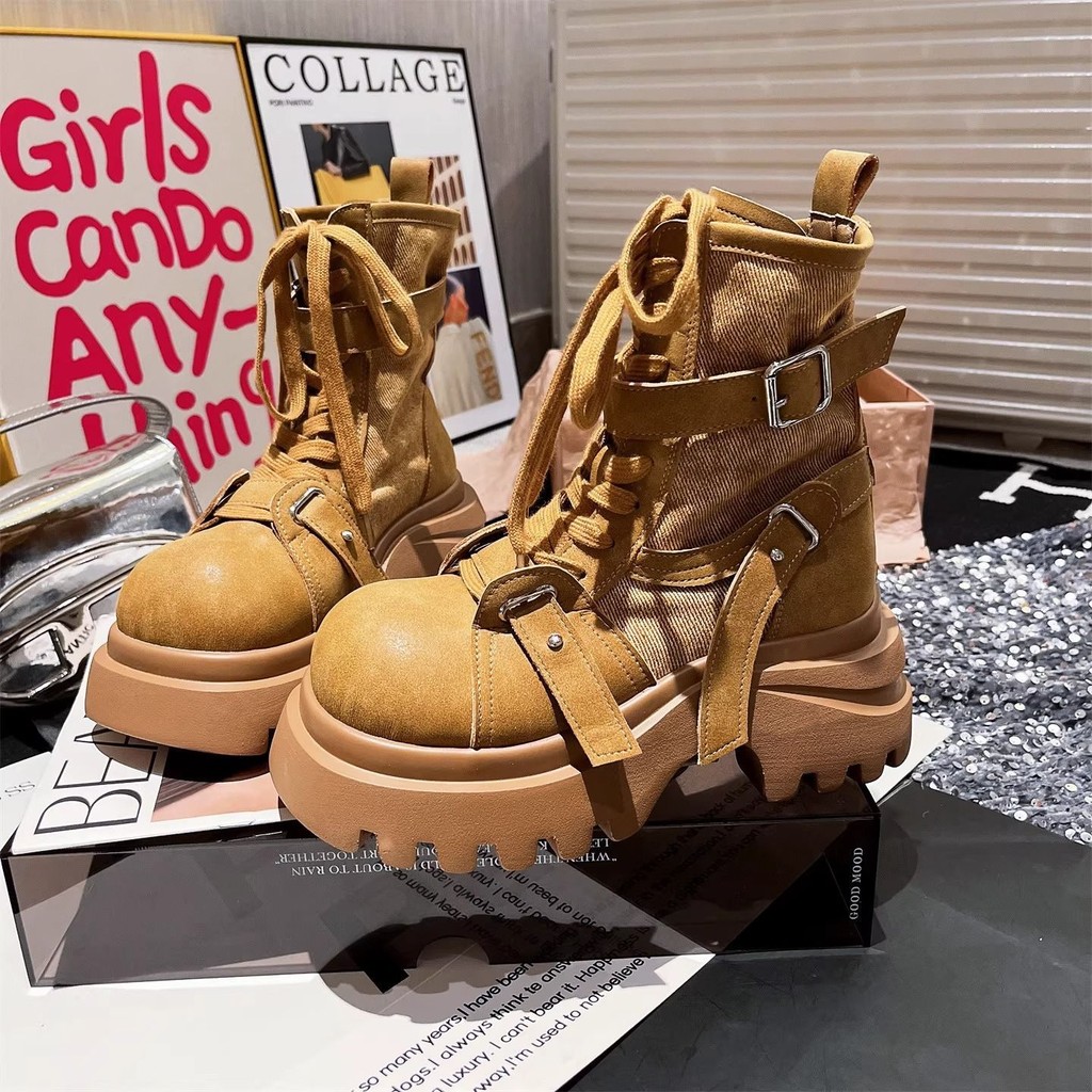 Giày Bốt Martin Giữa Ống Cao Cấp 9.107Cm Nữ Thoáng Khí Phong Cách Anh 05 Xe Máy Rhubarb Boots