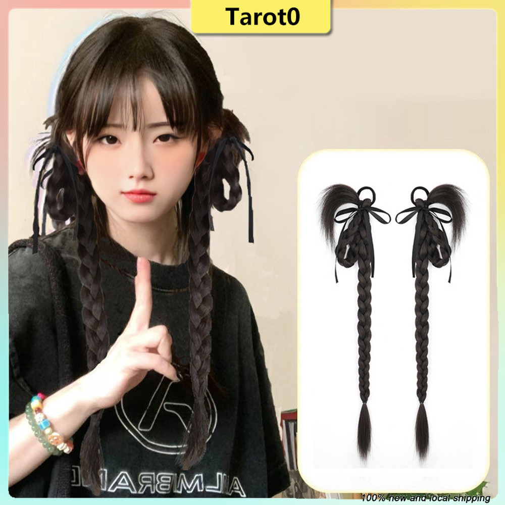 Tóc giả braids nữ với nơ và đuôi ngựa đôi