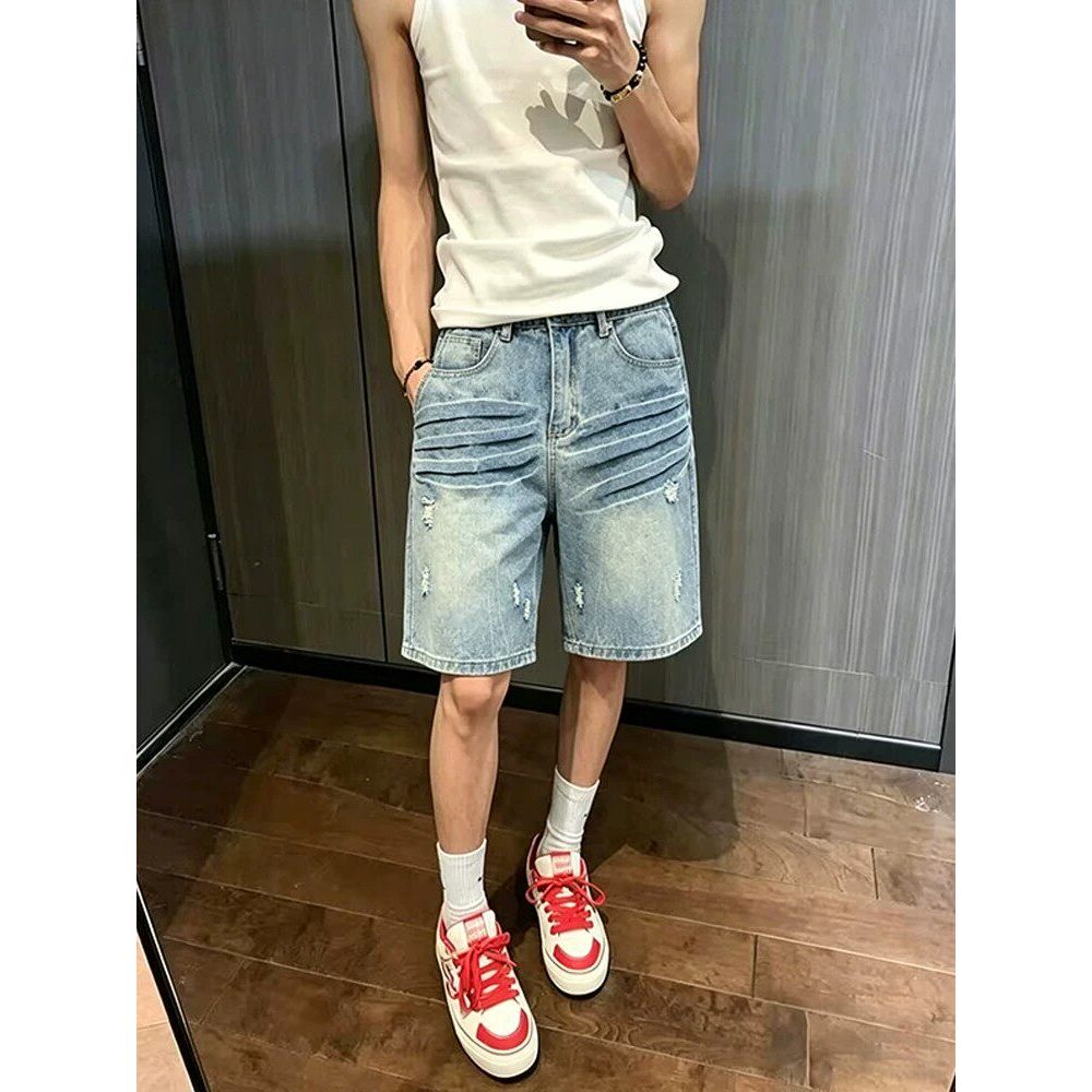 Cleanfit American Lightning Pattern Rách Quần Short Denim Nam Nữ Thiết Kế Niche Hợp Thời Trang Giặt 