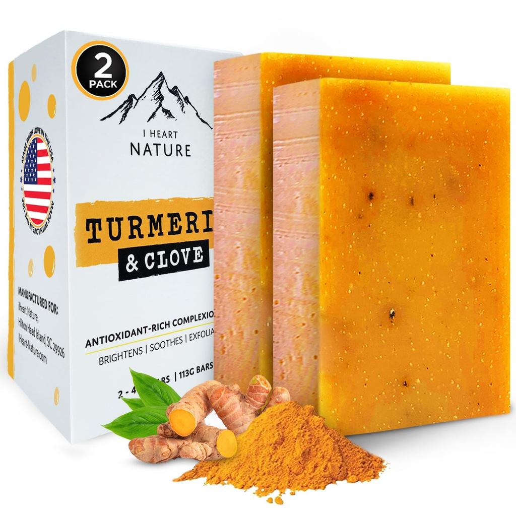 iHeart Nature Turmeric Bar Soap (2-Pack) – Face & Body Cleanser for Dark Spots – Clove Essential Oil