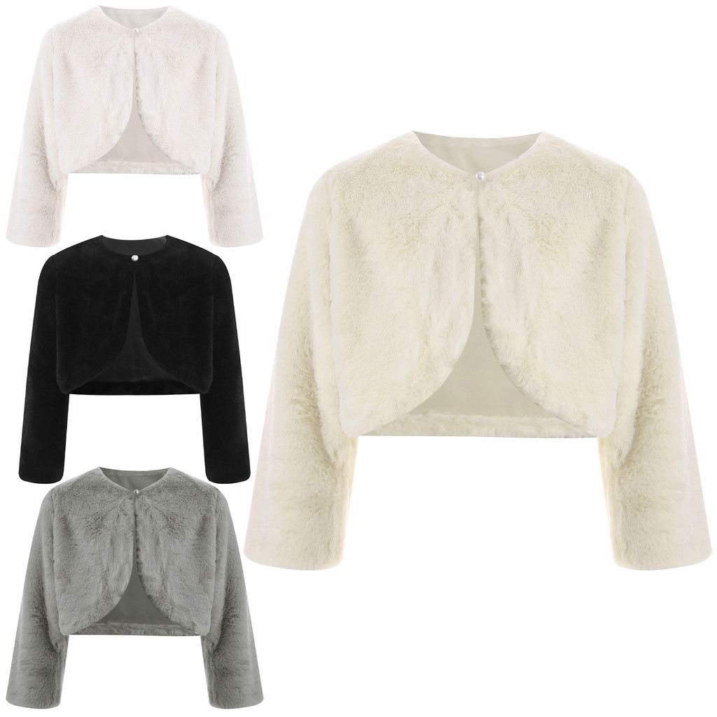 Yhong Trẻ Em Bé Gái Lông Thú Giả Bolero Shrug Crop Jacket Dài Tay Mở Áo Khoác Phía Trước Áo Khoác Ng