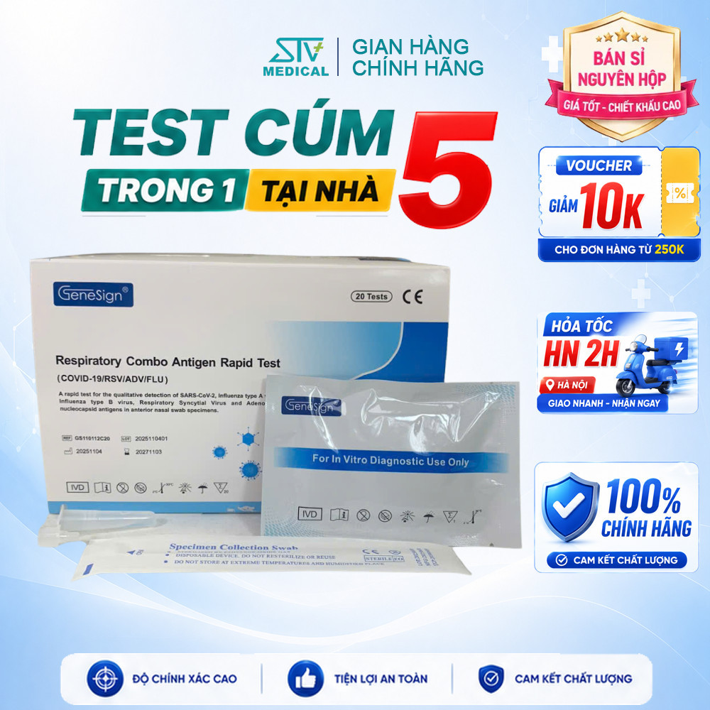 Test Nhanh 5 Trong 1 Genesign Độ Nhạy Cao - Que Test Covid Cúm AB RSV