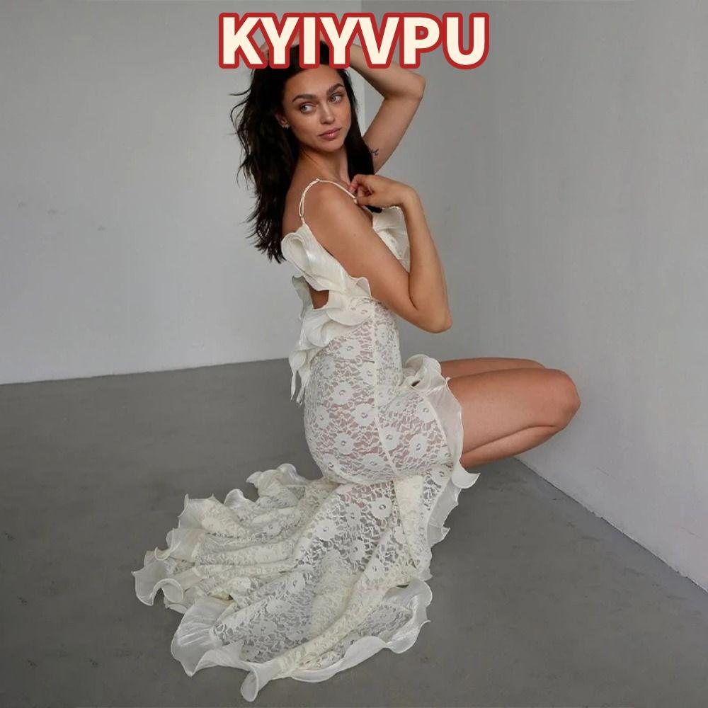 KYIYVPU Backless Dress, Ruffles Hollow Out Ren Maxi Dress, Áo choàng gợi cảm Phong cách xẻ bên hông 
