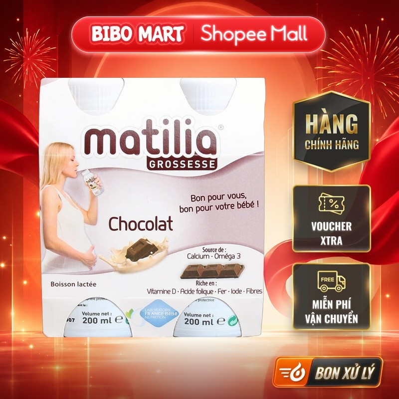 [KOL] Sữa bầu Matilia Vị Socola Vani Biscuit Dâu Bổ Sung Dưỡng Chất Cho Mẹ (Lốc 4 hộp) 200ml